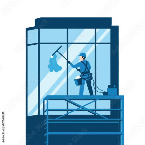 A worker in a safety harness cleans a large window on a high-rise building, using a squeegee and bucket.