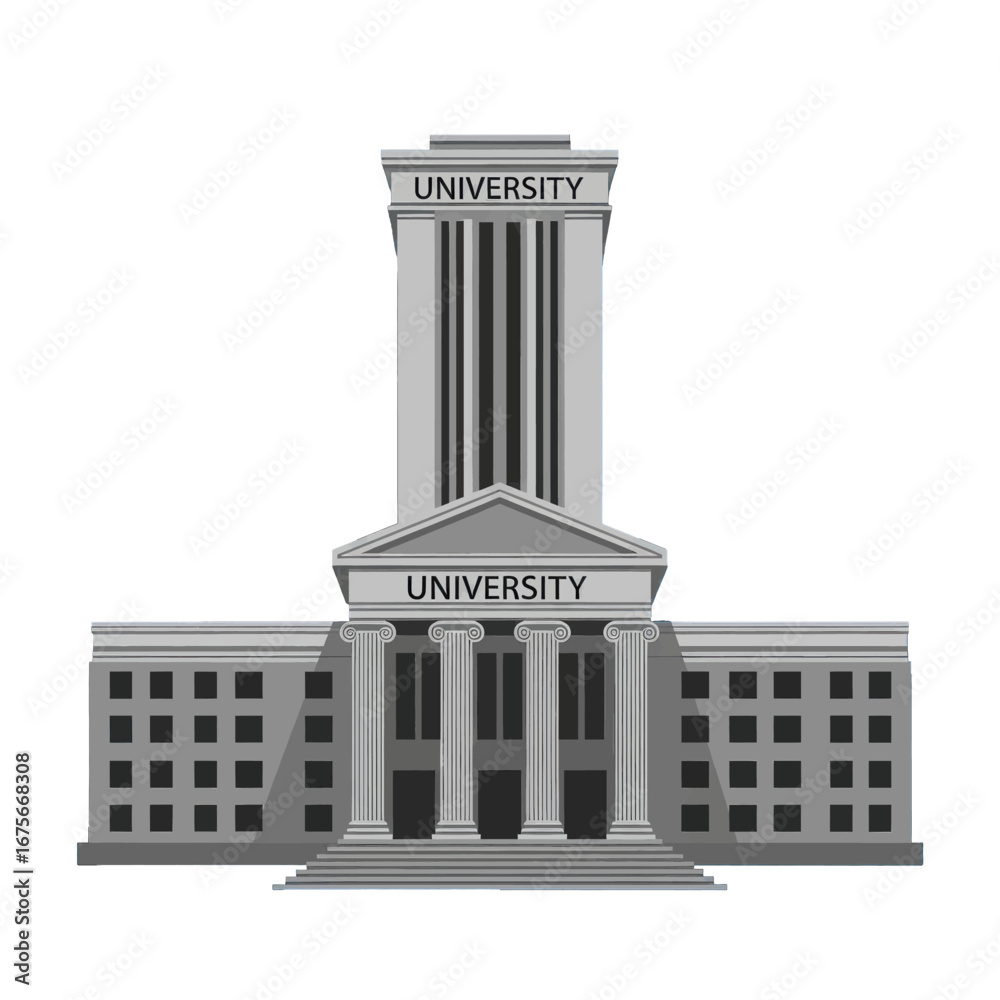 Obraz premium A stylized illustration of a grand university building, showcasing classical architectural elements in muted grayscale tones.