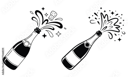 Champagne Bottle Cork Popping With Splashing Liquid And Stars vector illustration