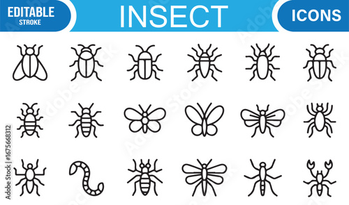 Editable stroke insect icons including creepy crawlies, beetles, ants, and winged creatures