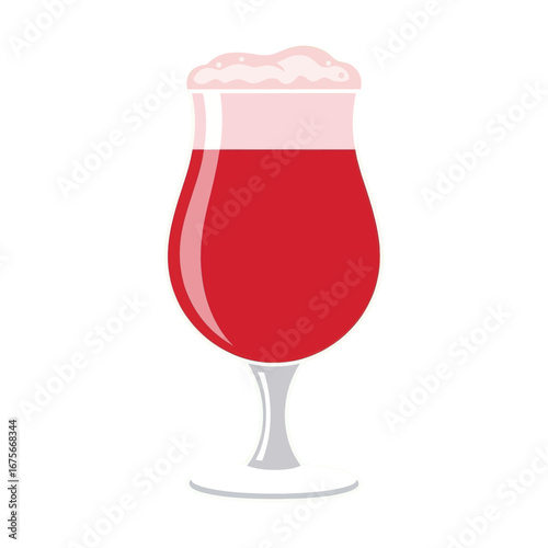 A stylized illustration showcases a vibrant red beverage in a tulip-shaped glass, topped with a layer of light pink foam.