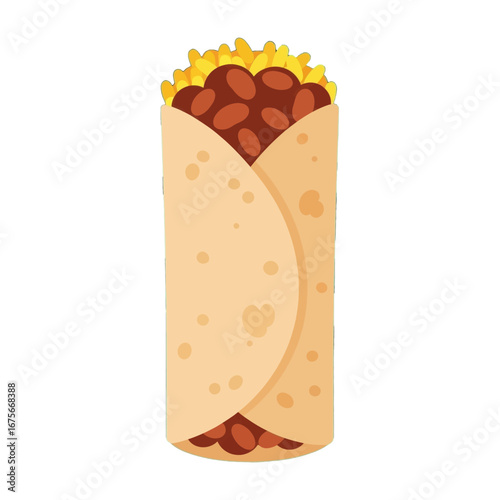 A  light beige tortilla wrap filled with colorful brown beans and yellow rice is displayed against a black background.