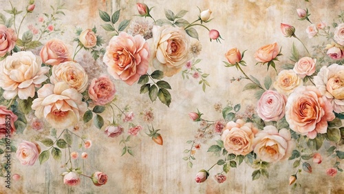 Distressed Peach and Pink Roses Floral Wall Mural