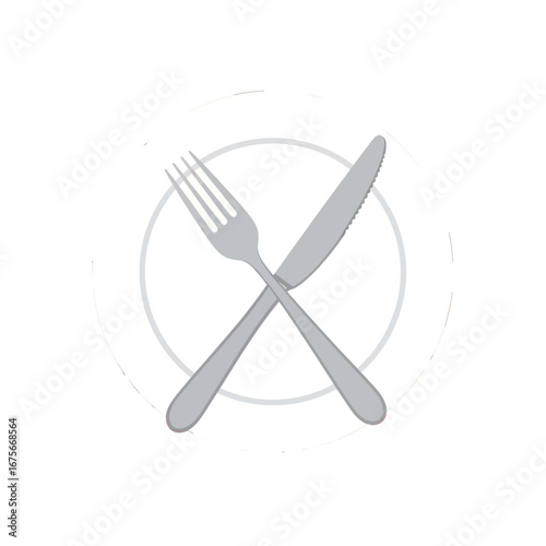 A simple, flat design of a white plate with a fork and knife crossed atop it.