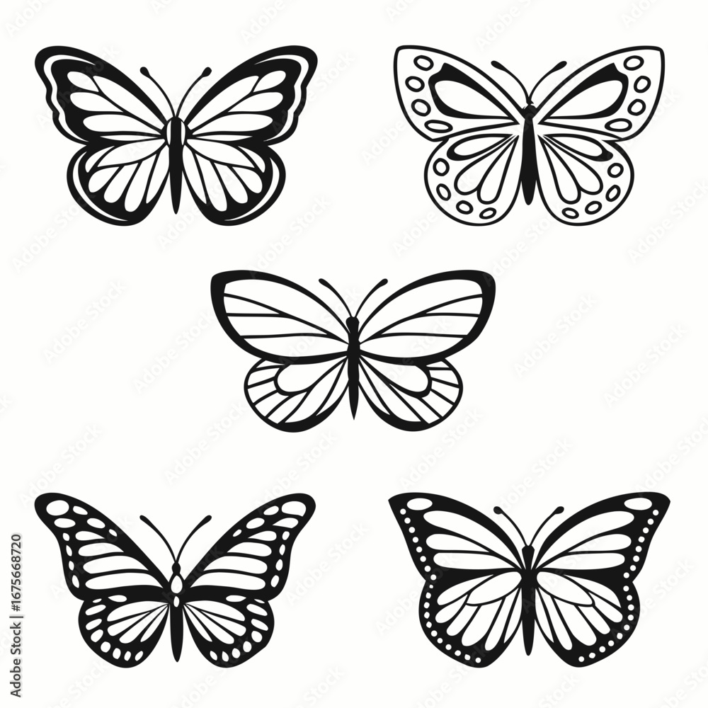 Fototapeta premium Collection of five stylized black and white butterfly silhouettes with intricate wing patterns