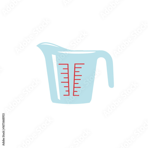 Light blue measuring cup with red markings is displayed against a black backdrop.