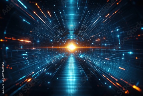 Futuristic glowing tunnel with dynamic blue and orange light streaks converging towards a bright central point, evoking a sense of speed and technological advancement