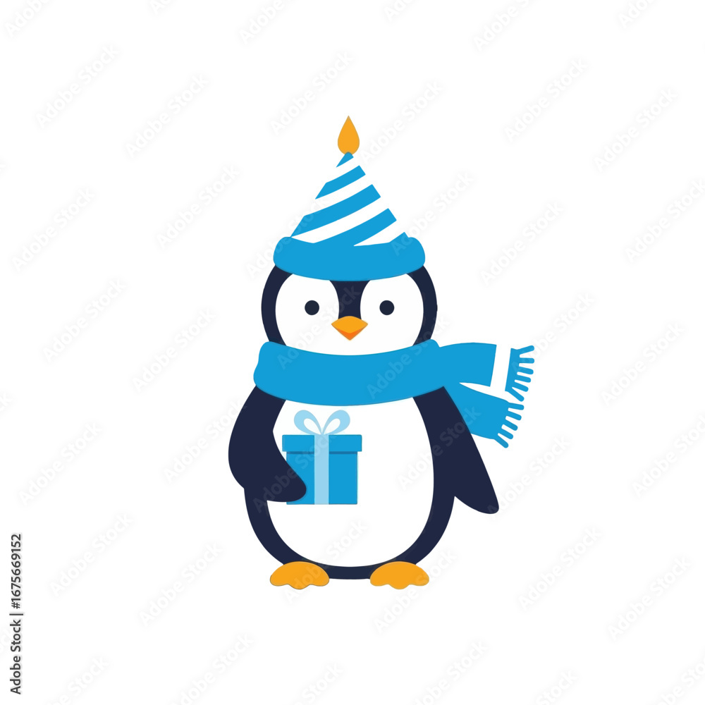 Fototapeta premium A cheerful penguin, adorned with a party hat, blue scarf, and a gift, stands out against a plain black background.