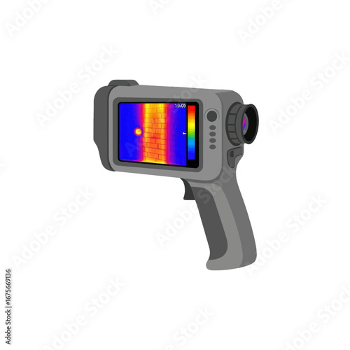 A gray thermal imaging camera displays a thermal scan of a brick wall, highlighting temperature variations.