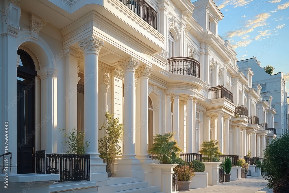 Obraz premium Row of elegant white townhouses with classical columns, arched windows, and ornate balconies under a blue sky in soft evening light