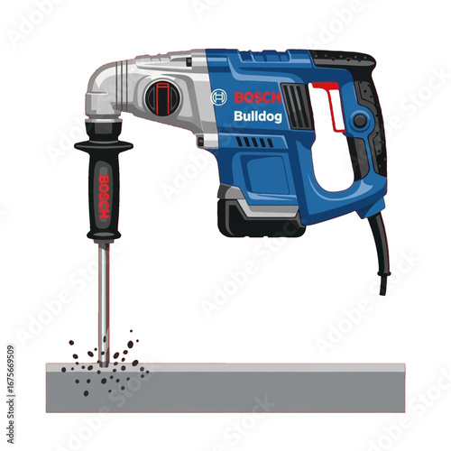 A powerful electric demolition hammer drills a hole through a sturdy metal beam.
