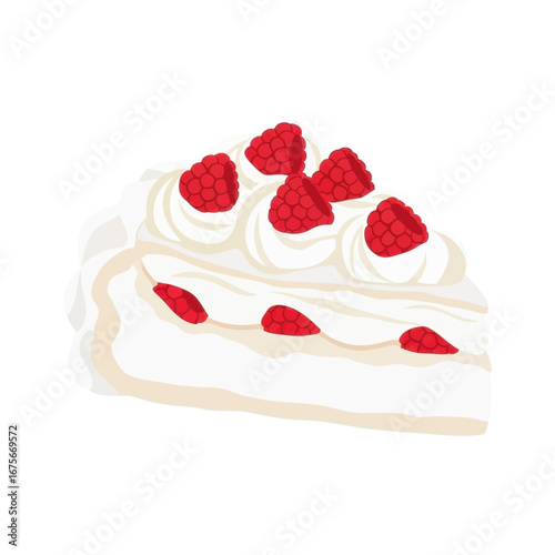 A delectable slice of pavlova cake, adorned with fresh raspberries and a generous layer of whipped cream, presented in a bright, appetizing illustration.
