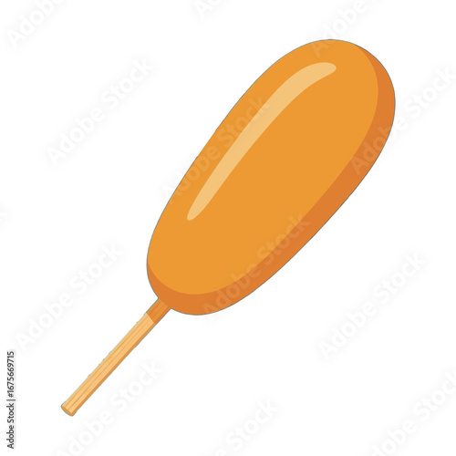 A simple, flat illustration of a corndog, highlighted by its warm, golden-orange hue against a stark black background.