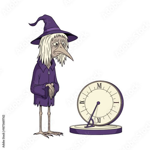 A melancholy figure, clad in purple attire, stands before a timepiece, lost in contemplation of the passage of time.