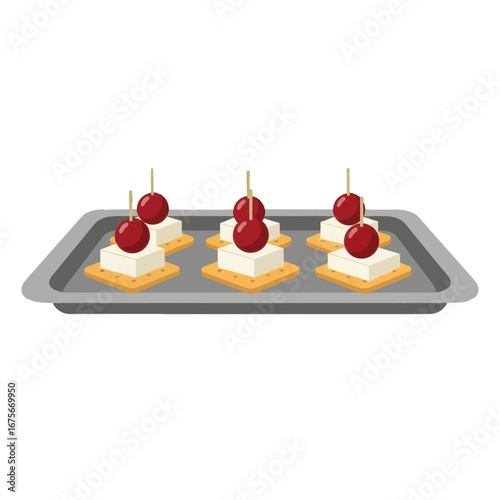 Appetizing cheese and fruit skewers arranged on a baking sheet.