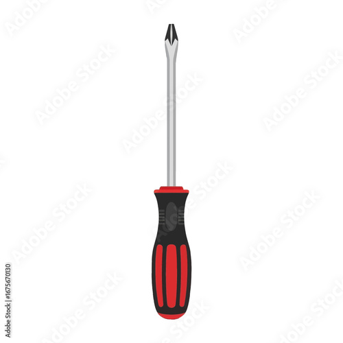 A simple, graphic illustration of a screwdriver with a silver shaft and a red and black handle.