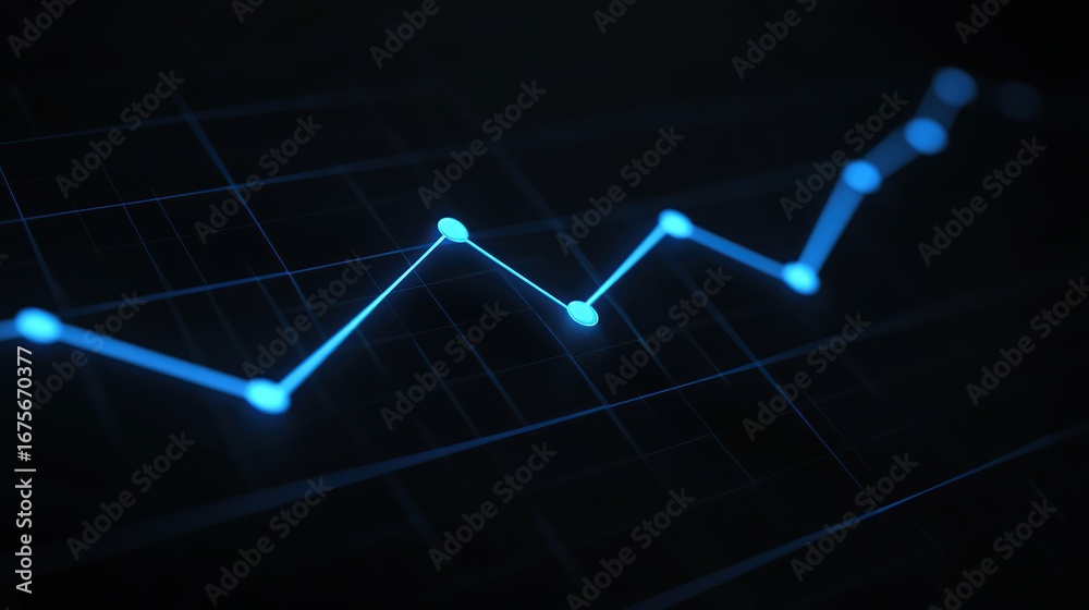 Close-up of a glowing, light-blue line graph on a dark grid background. Fluctuating data points indicate trends Close-up of a glowing, light-blue line graph on a dark grid background. Fluctuating data points indicate trends