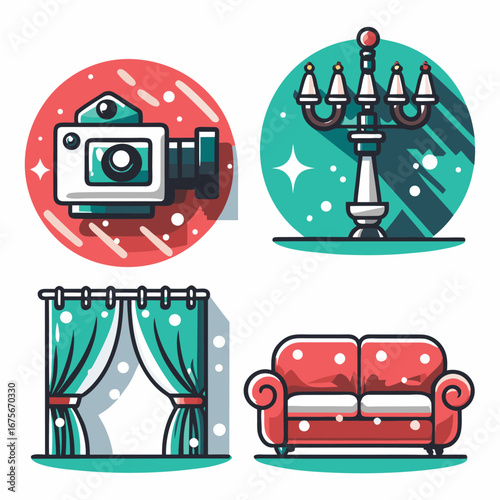 Room setting with camera, chandelier, curtains, sofa