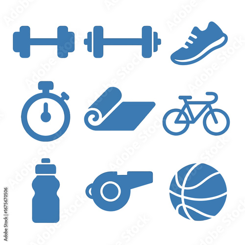 Fitness equipment icons collection: weights, stopwatch, bicycle, and more