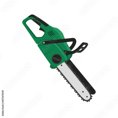 A bright green chainsaw with a white blade is displayed against a black background.