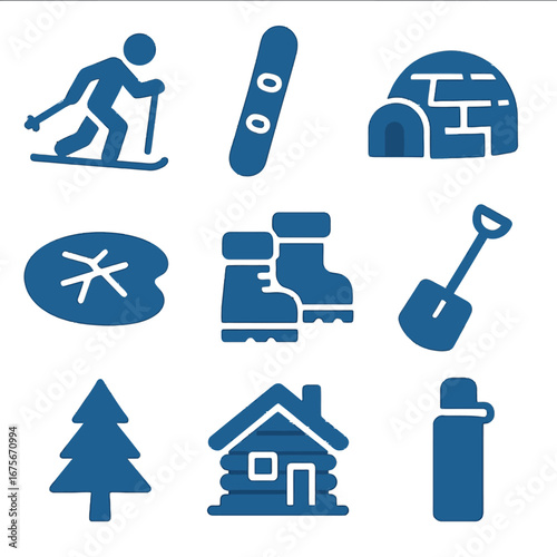 Winter sports and activities collection: icons of skiing, snowboarding, and winter gear