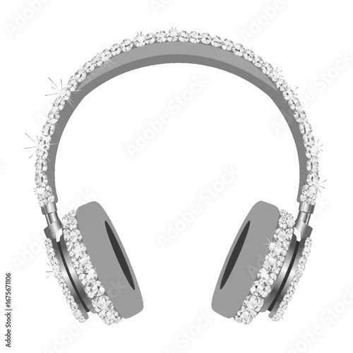 Elegant headphones, adorned with sparkling diamonds, create a glamorous and luxurious design on a black backdrop.