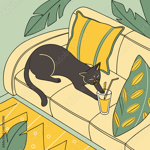 Sleek black cat lounging on a cream sofa reaches for a refreshing drink surrounded by tropical leaves in a stylish illustration