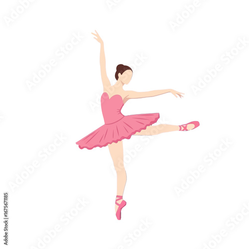 A graceful ballerina in a pink tutu performs a captivating dance pose against a black backdrop.
