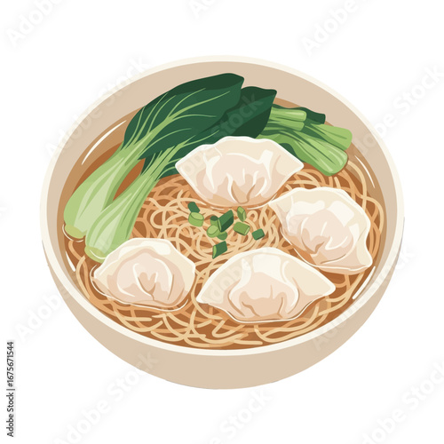 A bowl of flavorful noodles with dumplings and bok choy, showcasing a vibrant and appetizing culinary scene.
