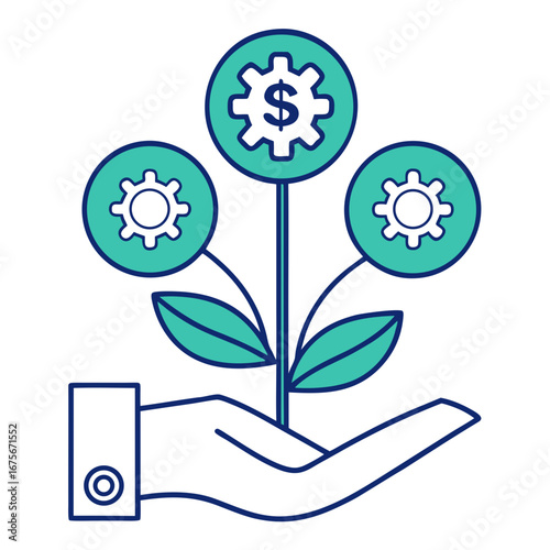 Hand holding a stylized plant with dollar-sign gears, representing financial growth and investment.