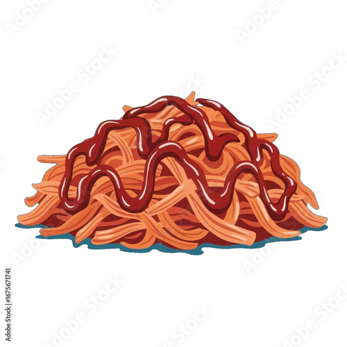 A heap of richly colored spaghetti is generously drizzled with a dark, glossy sauce, creating a visually appealing illustration of a delicious meal.