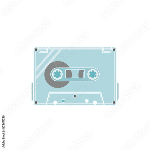 A light-blue, transparent audio cassette tape design showcases retro style.