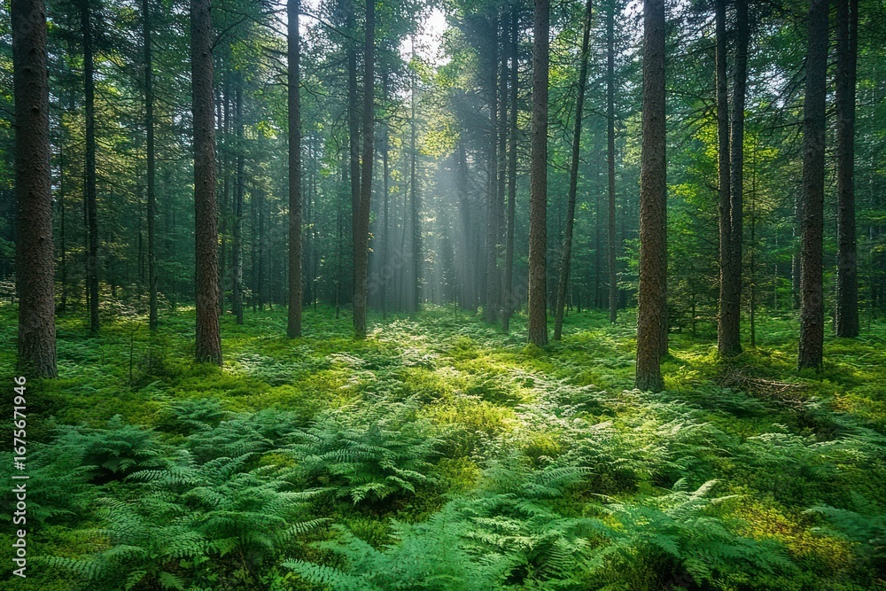Fototapeta premium Sunlight streaming through tall pine trees onto a lush green fern-covered forest floor creating a peaceful and serene atmosphere