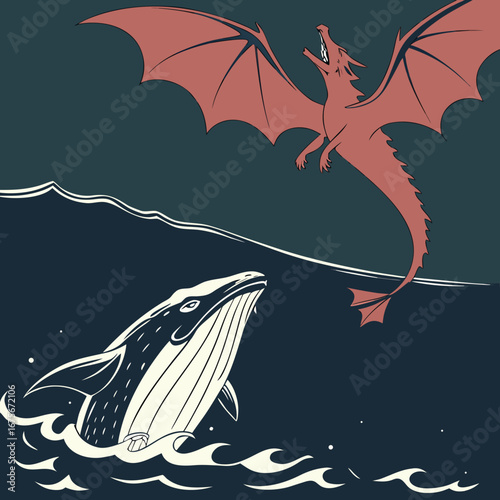 Dramatic dragon swoops over breaching whale in stylized ocean waves, a powerful mythical clash