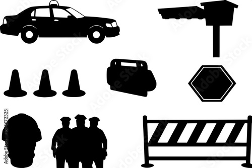 "Collection of simple line art icons in black on white background, representing public safety: police patrol car, traffic cone, emergency exit, security camera, stop sign, barrier with crowd, firefigh