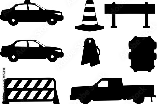 "Collection of simple line art icons in black on white background, representing public safety: police patrol car, traffic cone, emergency exit, security camera, stop sign, barrier with crowd, firefigh
