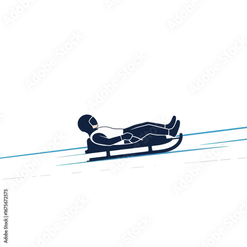 A person in a dark blue and white luge suit glides down a snow-covered track in a dynamic and stylized illustration.