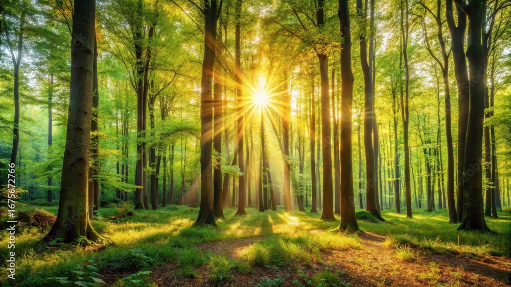 Fototapeta premium Forest Panorama with Sunlight