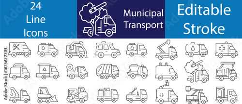 Municipal transport public service line icon set. Vector pictograms of sewer, inspection, firefighting, rescue, ambulance, graffiti removal, water tanker, thin linear illustration