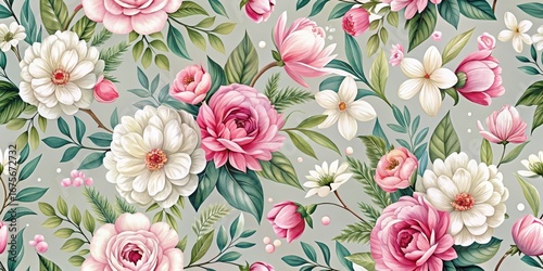 Elegant seamless floral pattern with vibrant blooms and delicate leaves in shades of pink and white