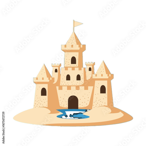 A charming, simple sandcastle sits atop a small island, showcasing a peaceful, summery scene.