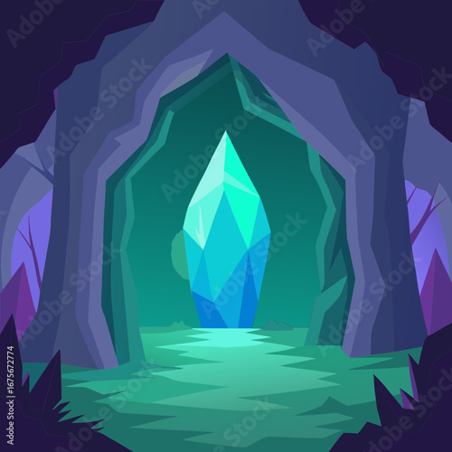Vector art of enchanting crystal cave with glowing blue gemstone and mystical atmosphere