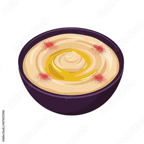 Creamy hummus in a bowl, with swirls of bright yellow oil and scattered red spices, presented against a stark black background.