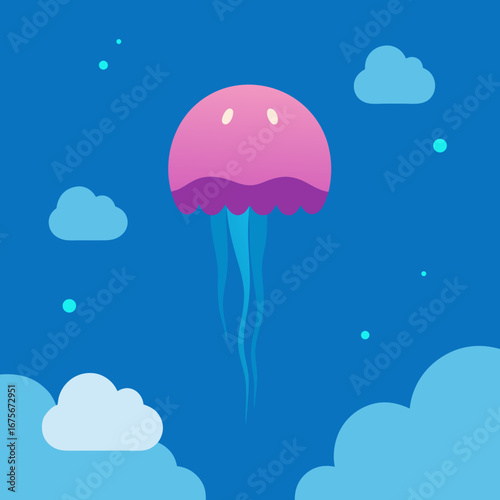 Vector art of a cute pink jellyfish floats in a blue sky with clouds and stars
