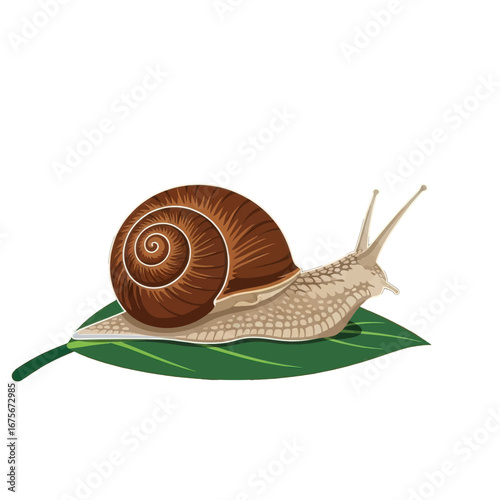 A detailed illustration of a snail on a vibrant green leaf against a stark black backdrop.