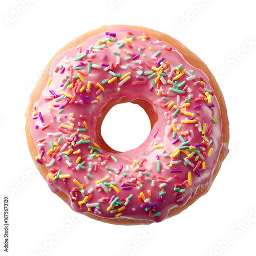 Close up overhead view of a delicious pink frosted donut with colorful sprinkles isolated on transparent background