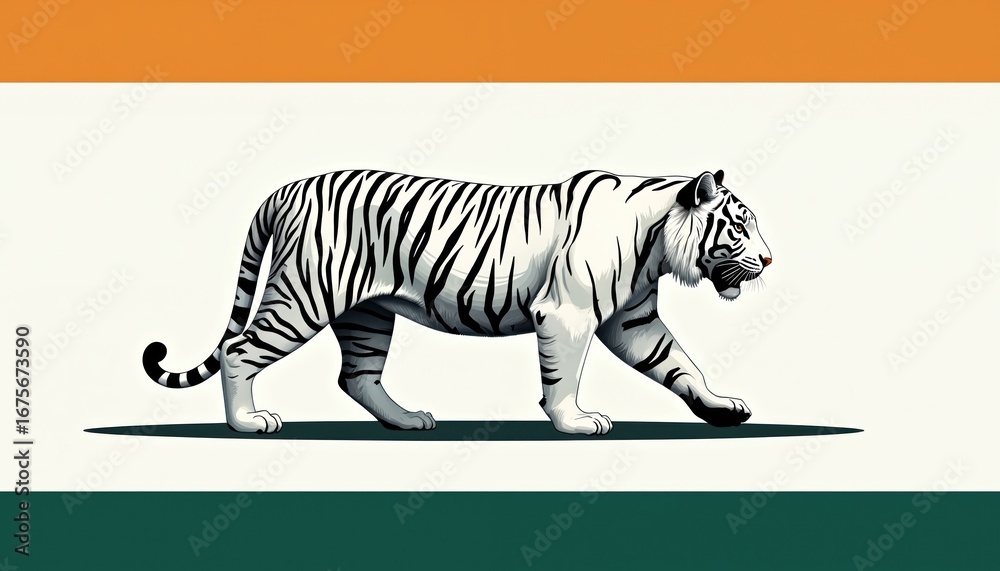 Obraz premium Majestic white tiger illustration walks confidently against striking tricolor background. Saffron, green bands frame powerful predator Indian national pride, strength. Features elegant stripes,