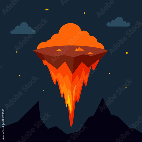 Vector art of floating island with fiery eruption in a dark night sky, fantasy