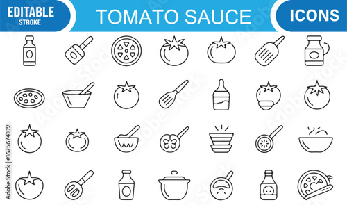 Editable tomato icons collection including ripe vegetables, whisk, pot, spoon, and pizza slice