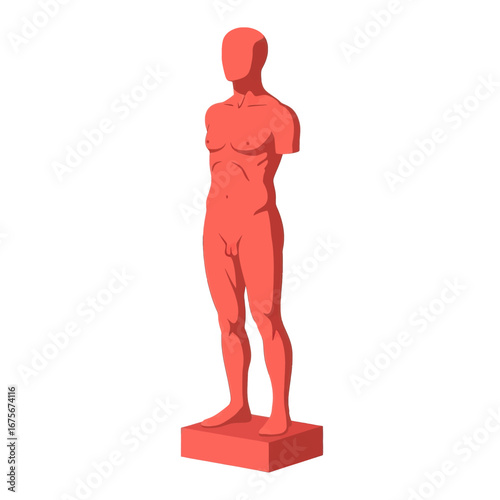 A stylized, reddish-coral male anatomical figure stands on a simple, block-like base against a stark black backdrop, highlighting the form and proportion of the human body.